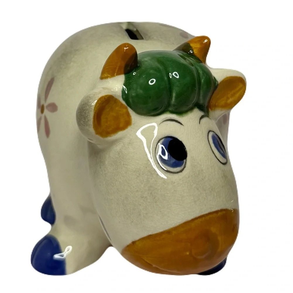Vintage Cow Bull Piggy Coin Bank w Stopper & Original Sticker, Dabs Japan